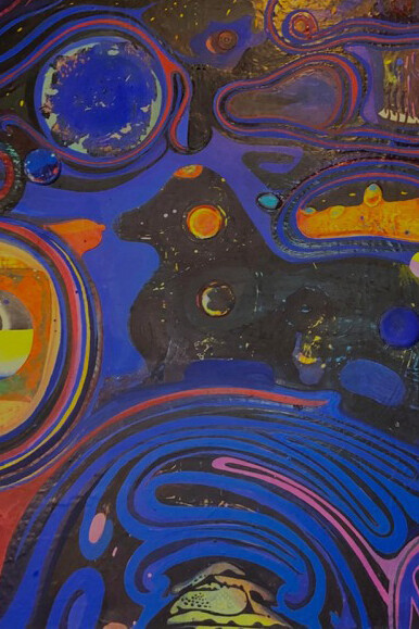 Sharon Horvath, Blue Dog Night (detail),2014-2023. Pigment, polymer, photo collage on paper mounted on linen, 42 x 36 inches. Courtesy of Bookstein Projects