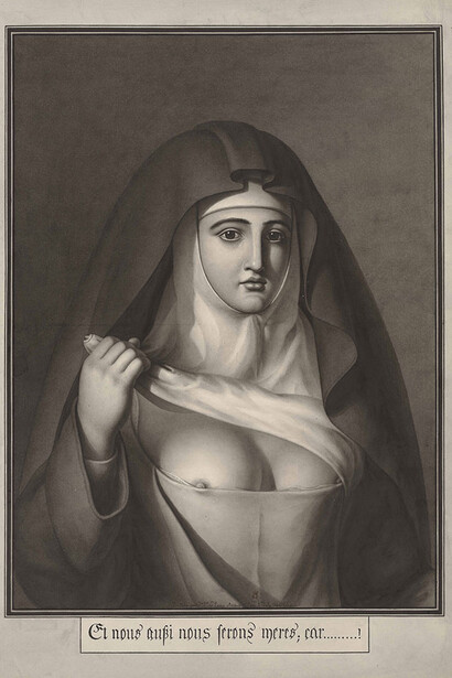Jean-Jacques Lequeu (1757–1826)
And We Shall be Mothers Because…!, 1793 or 1794
Pen and black ink, black and gray wash
Bibliothèque nationale de France, Departement des Estampes et de la photographie.