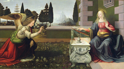 Andrea del Verrocchio und Leonardo da Vinci, „Die Verkündigung“ (ca. 1472), Fragment. Öl auf Holz (98X217 cm), Galleria degli Uffizi, Florenz