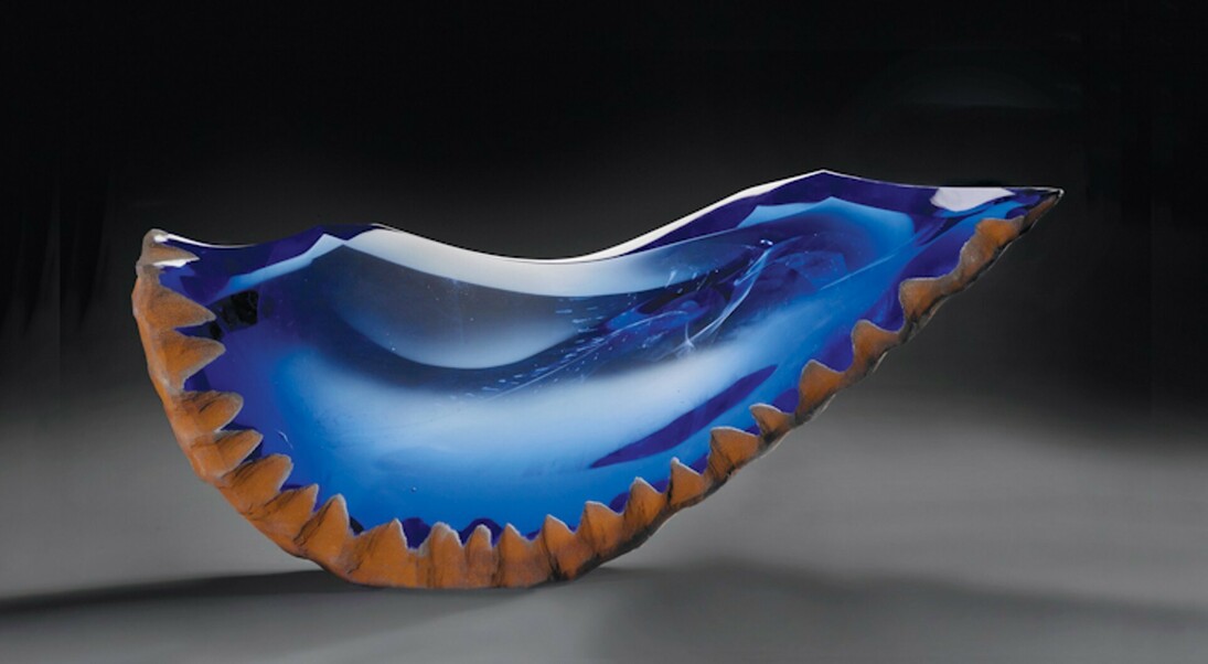 Alex Gabriel Bernstein, Large blue half moon, 2023, cast and cut glass, fused steel, 22x42x5 inches