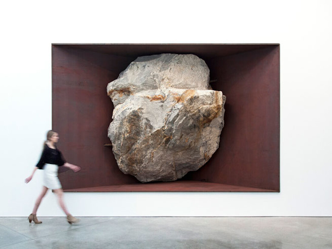 Michael Heizer, Fragment A, 2016, Granitic rock and weathering steel, Overall (with superstructure): 140 × 186 × 91 1/2 inches (355.6 × 472.4 × 232.4 cm), Photo by Benjamin Lee Ritchie Handler. Courtesy of Gagosian