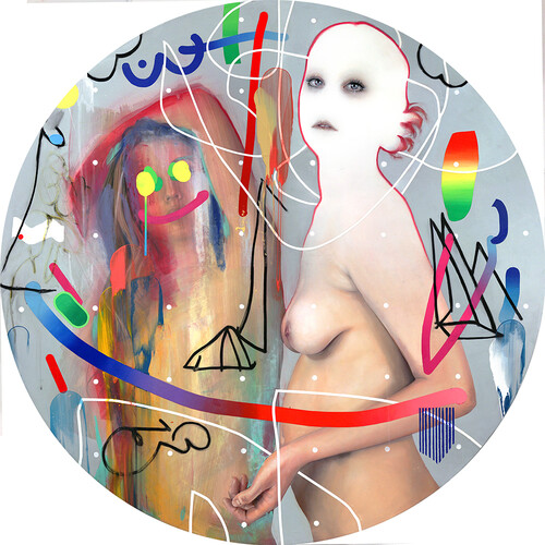 Erik , , 48. Diameter Watercolor, colored pencil, water-soluble was pastel, acrylic on Rives bfk paper mounted to panel