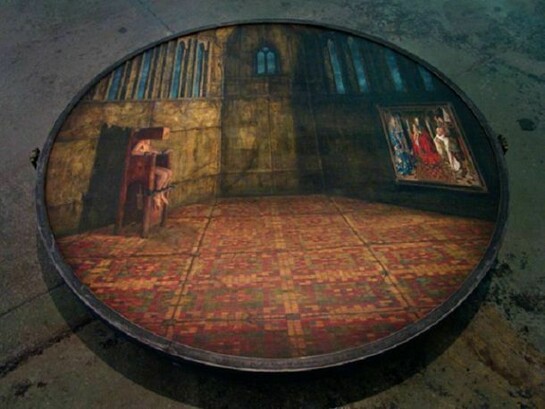 Eyeck, 2008-2013. Oil on canvas, wood, iron, brass, 57 x 57 x 7 in. (With Shahryan Hatami)