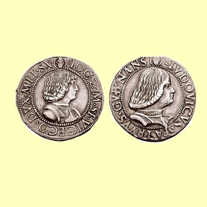 Italia, Milano. Gian Galeazzo Maria Sforza e Ludovico Maria Sforza (il Moro), 1481-1494.        AR Testone: testa vescovile "IOGZ'M'SF'VICECO'DVX'MLI'SX", busto con corazza di Gian Galeazzo dx. Testa vescovile, "LVDOVICVS'PATRVVS'GVBNANS", busto con corazza di Ludovico sx
