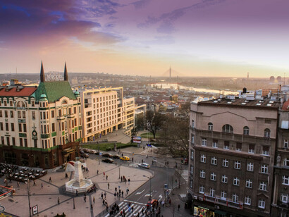 A view of Belgrade and the river Sava from the square of the Hotel Moskva
