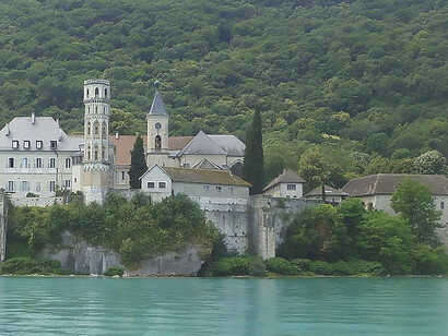 Hautecombe Abbey on the wild banks of the largest natural freshwater lake in France, Lake Bourget (Savoie)