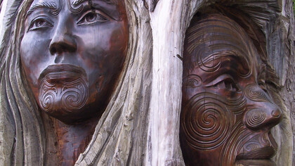 Maori tree carving of a woman and a man, from New Zealand
