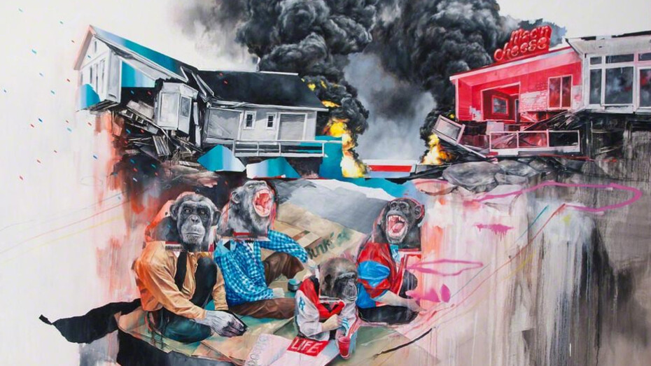Joram Roukes, Jockey Picnic 2014, oil on linen, 72 x 120 inches, 182.9 x 304.8 cm