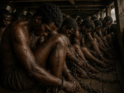 A close view of physical restraint and exhaustion, showing how brutality and control were enforced daily to sustain the system of slavery