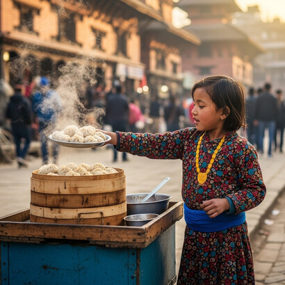 A young Nepali girl, dressed in colorful traditional attire, sells momos—Nepal’s beloved dumplings—on the lively streets of Kathmandu. She stands behind a small wooden cart filled with steaming baskets of freshly made momos, capturing the warmth and vibrancy of everyday street life