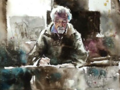 Robero Andreoli,Michel al lavoro, acquerello