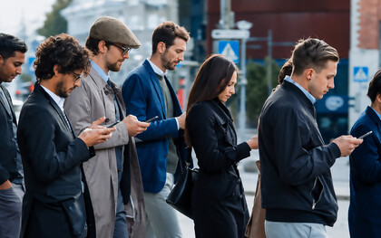 Smartly dressed professionals walk past a modern glass office building, absorbed in their smartphones and seemingly disconnected from the people around them