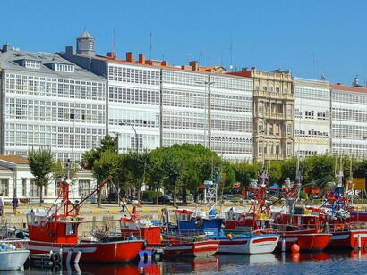 The boats stationed in Avenida de la Marina in A Coruña, Spain
