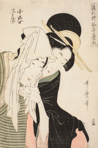 Kitagawa Utamaro - Koharu e Jihei, dalla serie Modelli alla moda nello stile di Utamaro, 1798-1799 - Silografia policroma, 35,5 x 23,8 cm - Honolulu Museum of Art
