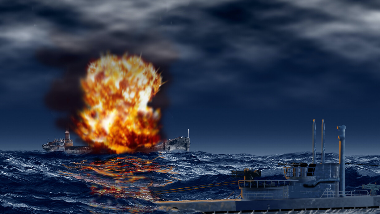 Ilustración de Carlos Adrián Garcia que refleja el ataque del U502 al «Monagas» el 16 de febrero de 1942