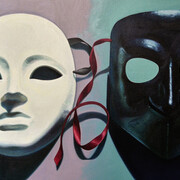 Alberto Magnani, Maschere veneziane, 2018, olio su tela, 50x80 cm. 