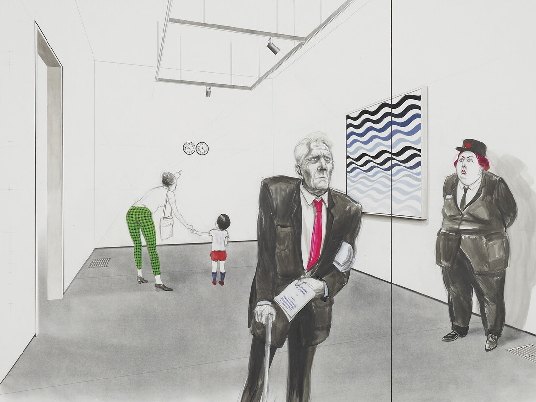 Charles Avery, Untitled (It Means It Means; Gonzalez-Torres, Ray, Riley, Watteau), 2013 (detail) Bleistift, Tinte, Acryl und Gouache auf Papier, auf Leinen aufgezogen, Diptychon: je 60 x 84 cm, Courtesy of artist and Pilar 