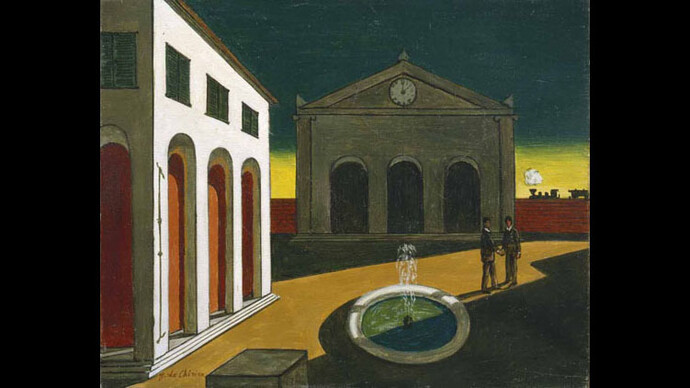Giorgio de Chirico, L’addio dell’amico che parte all’amico che rimane, 1950, oil on canvas, 40 x 50 cm. © Tornabuoni Art