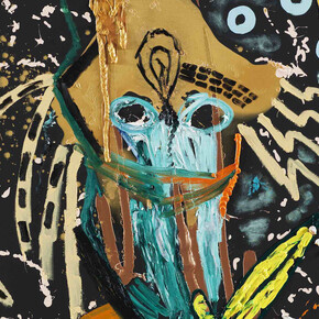 Jonathan Meese, DER GUTE KLINGSOR, CHEF (HUT'O BILL) ZEIGT IRGENDWAS DEM VATIKAN, 2014, Huile et acrylique sur toile, 210 x 140 cm / 82 ¾ x 55 1in. Courtesy Jonathan Meese et Galerie Daniel Templon, Paris. Photo Jan Bauer (detail)