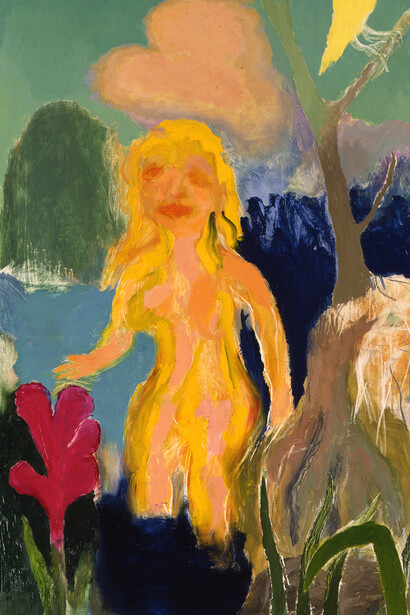 Ken Kiff, Woman Standing in Sea with Crimson
Flowers and Pale Yellow Bird, 1991, Oil on board, 152.4 x 68.6 cm. / 60 x 27 in.