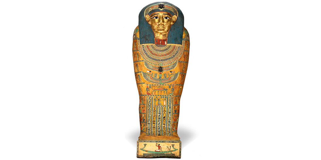 Inner Coffin of Meret-it-es, Egyptian, Late Period to Ptolemaic Period, 30th Dynasty to early Ptolemaic Dynasty, ca. 380-250 B.C.E Wood, pigment, gesso, and gilding, A (top): 6 feet 3 1/2 inches x 33 1/2 inches x 15 inches, B (bottom): 7 feet 3 inches x 32 1/2 inches x 8 1/2 inches. Purchase: William Rockhill Nelson Trust (by exchange), 2007.12.2.A,B.
