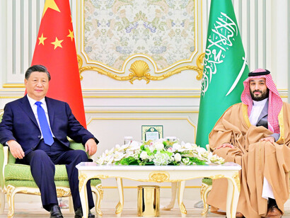 Saudi Crown Prince Mohammed Bin Salman seated in talks with Chinese President Xi Jinping in Riyadh, Saudi Arabia Dec 8, 2022