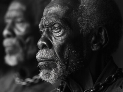 An older man’s profile marked by age and endurance reflects the generational impact of slavery and racism, where survival often came without economic security or social mobility