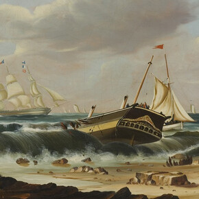 Thomas Chambers
American, born England, ca. 1808‒1869
Rockaway Beach, New York, with the Wreck of the Ship “Bristol”
ca. 1837‒40
Oil on canvas
21 ¾ x 30 3/8 in. (55.2 x 77.2 cm)
Sidney and Lois Eskenazi Museum of Art, Morton and Marie Bradley Memorial Collection