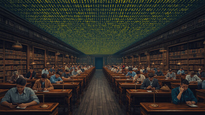 KI-generierte Smartphone-Studenten im digitalen Lesesaal einer historischen Bibliothek