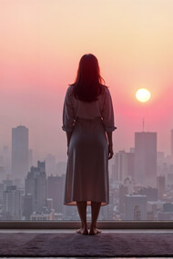 A woman watching the sun set over the city, representing pause as a form of strength