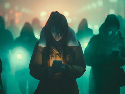 A view of individuals immersed in their phones, scrolling through screens without pause