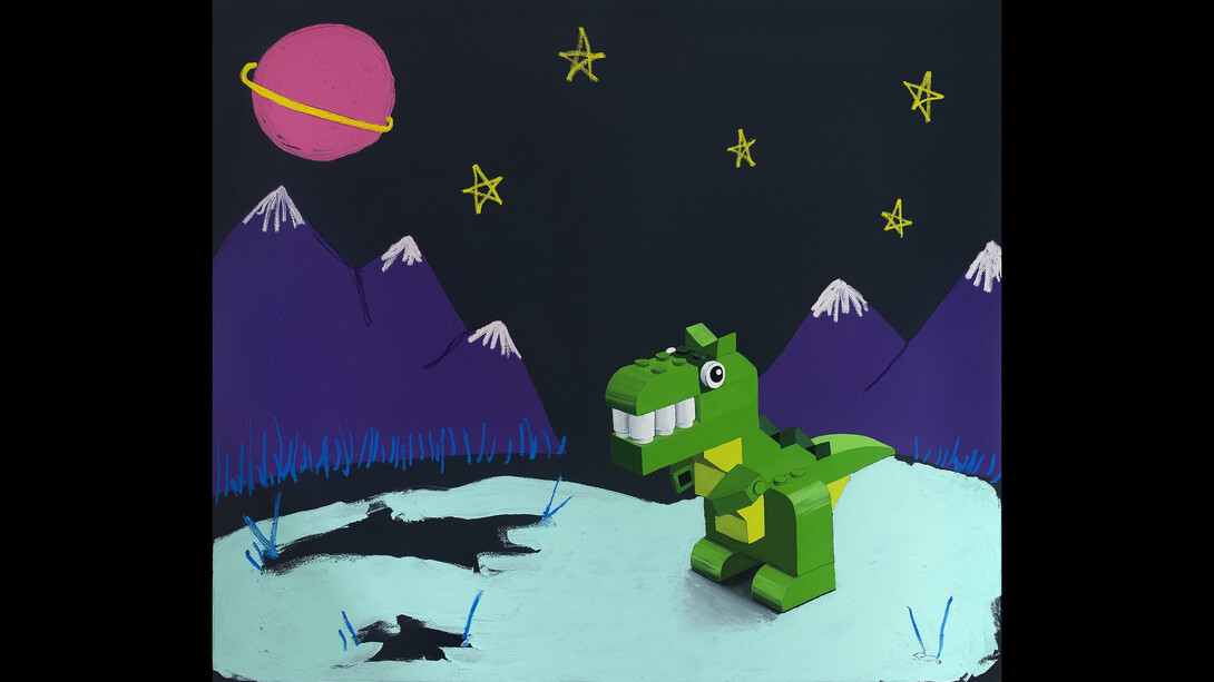 Adam Umbach, Space Hunt, 2023, oil, enamel, and oil stick on canvas, 68x74 inches. Courtesy of the artist and Cavalier Gallery