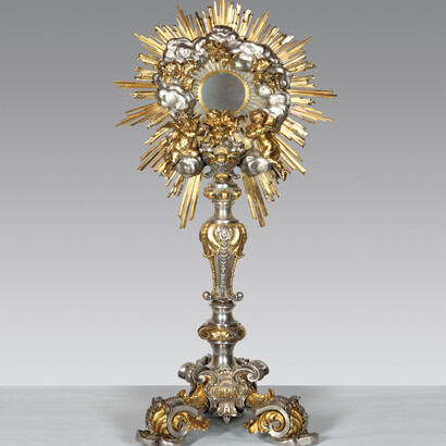 Massimiliano Soldani Benzi (Montevarchi, 1656- Galatrona,1740), Ostensorio, 1692, argento sbalzato e cesellato; parti a fusione; ottone dorato; bronzo, Livorno, Museo Diocesano Leonello Barsotti
