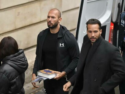 Andrew Tate looking concerned in handcuffs while his brother Tristan Tate seems to be in better spirits