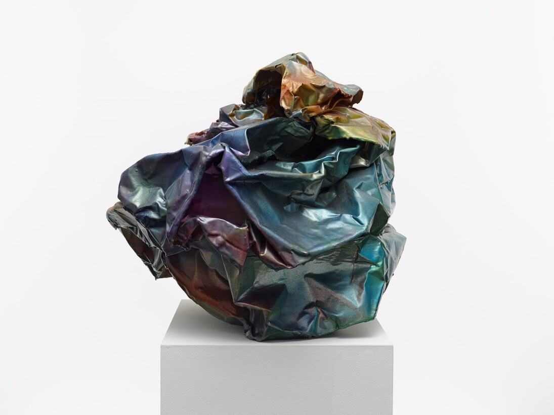 John Chamberlain, Asarabaca, 1973, Industrial weight aluminum foil with acrylic lacquer & polyester resin, 22 x 25 1/2 x 27 inches