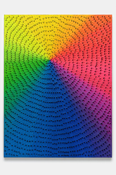 Jennifer Guidi,
The Spiral Dance of Crescent Moons Waxed and Waned in Cycles Upon a Prismatic Burst of Vibration, 2023.
Sand, acrylic, and oil on linen,
76 x 58 inches (193 x 147.3 cm).
© Jennifer Guidi,
Photo: Brica Wilcox.
Courtesy the artist and Gagosian