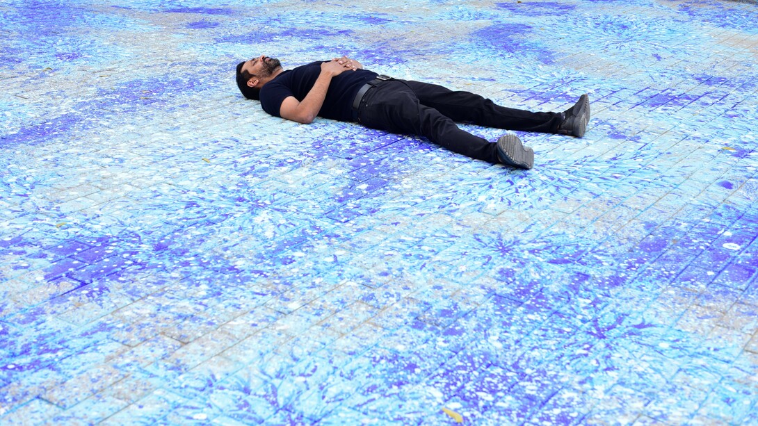 Imran Qureshi, Out of Blue, 2020. Site specific installation created in cooperation of Zindagi Trust Foundation and Shehzad Roy to support Khatoo-i-Pakistan Government Girls School. Courtesy of the artist