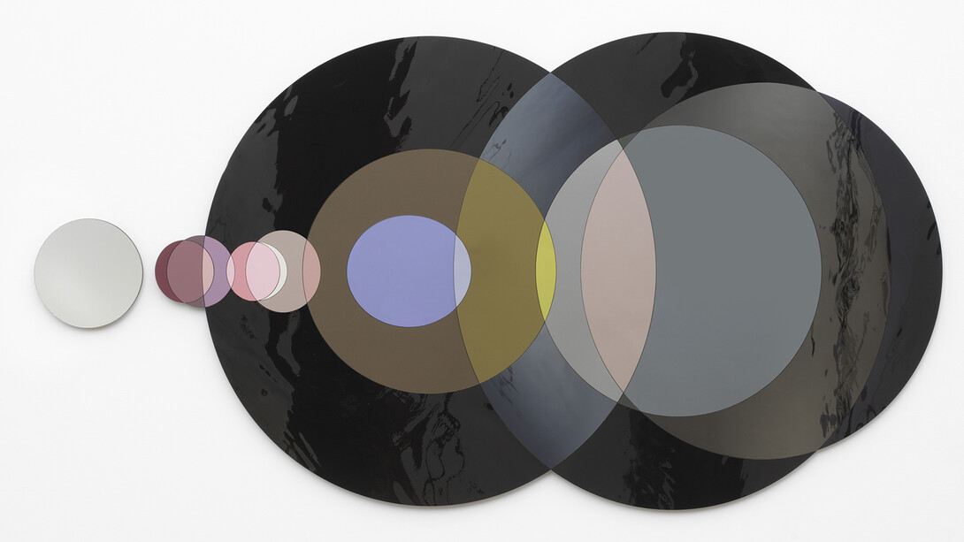 Olafur Eliasson, The speed of your attention, 2018, Silvered colored glass (shades of pink, purple, olive, yellow and grey), glass mirror, aluminum 45 1/4 x 86 5/8 x 1 3/8 inches; 115 x 220 x 3.5 cm. Courtesy the artist and Tanya Bonakdar Gallery, New York / Los Angeles