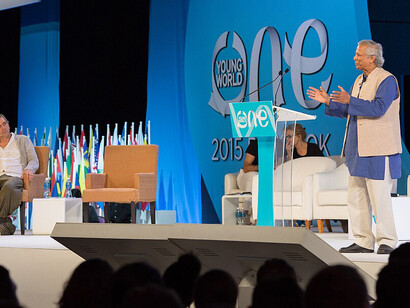 Dr. Muhammad Yunus delivering a speech at the One Young World Summit in Thailand, 201