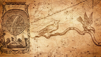 A vintage-style composition inspired by ancient star maps, featuring an armillary globe, constellations, and zodiac symbols that evoke the early age of astronomy