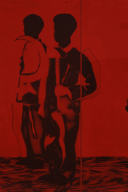 Mario Schifano (Homs 1934-Roma1998). Compagni compagni, 1968, smalto e spray su tela e perspex, dettaglio. Collezione privata, Courtesy Fondazione Marconi, Milano. Mario Schifano, by SIAE 2018