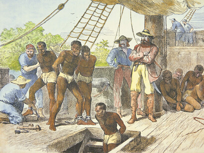 Pintura del siglo XIX: Embarque de esclavos en la costa africana con destino a Estados Unidos