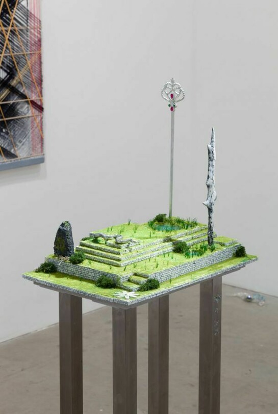 Veit Laurent Kurz and Julien Nguyen, Untitled, 2013, Styrofoam, modern materials, static grass, acrylic, plate glass, epoxy putty, wand, 33 x 48.3 cm, 13 x 19 ins, Courtesy Vilma Gold, London. Photo: Lewis Ronald