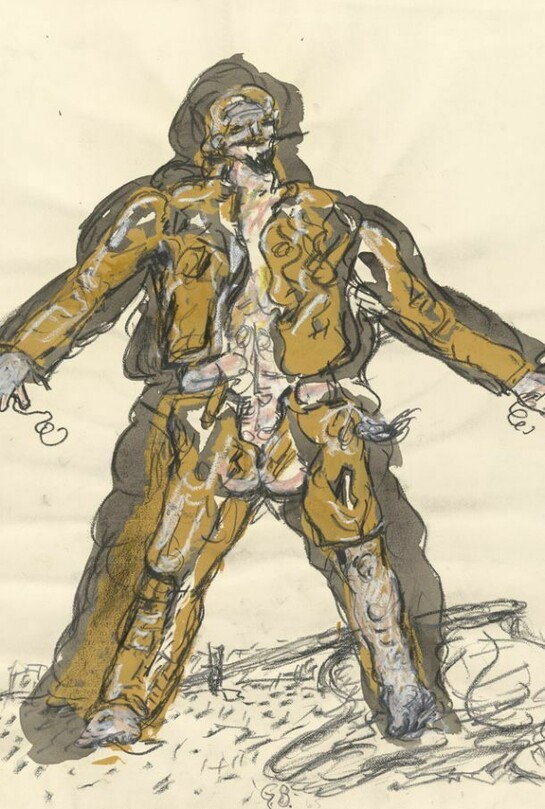 Partisan, 1965, Georg Baselitz (b.1938), yellow ochre gouache, grey wash, charcoal, graphite, white and pink pastel on paper. Presented to the British Museum by Count Christian Duerckheim. Reproduced by permission of the artist, © Georg Baselitz