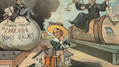 The illustration shows a schoolboy outside a "Public School," with Charles M. Schwab sitting on a large money bag labeled "$1,000,000 salary" on a steel factory, and a Supreme Court justice holding a balance scale and a small money bag labeled "$10,500 salary," sitting on a book labeled "Law and Constitution."