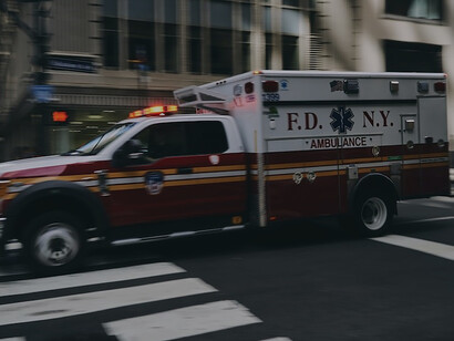 Daytime scene, white and red ambulance truck rushing with sirens on the road