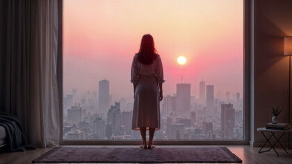 A woman watching the sun set over the city, representing pause as a form of strength