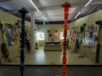 Stephen G. Rhodes, Altar of the Eleventh Hobby to the Portal of the Incubus Lobby: Pride and Lust, 2014
2 channel video, sound channel, pegboard altar, vibrating mattress, various hobby lobby merchandise, dimensions variable, courtesy Vilma Gold, London