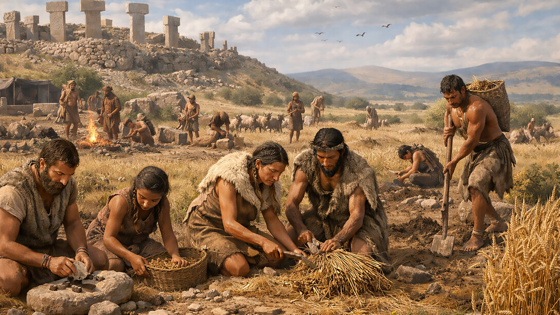 A reconstruction of life near Göbeklitepe 10,000 years ago, showing early communities cooperating with stone tools during the transition toward agriculture