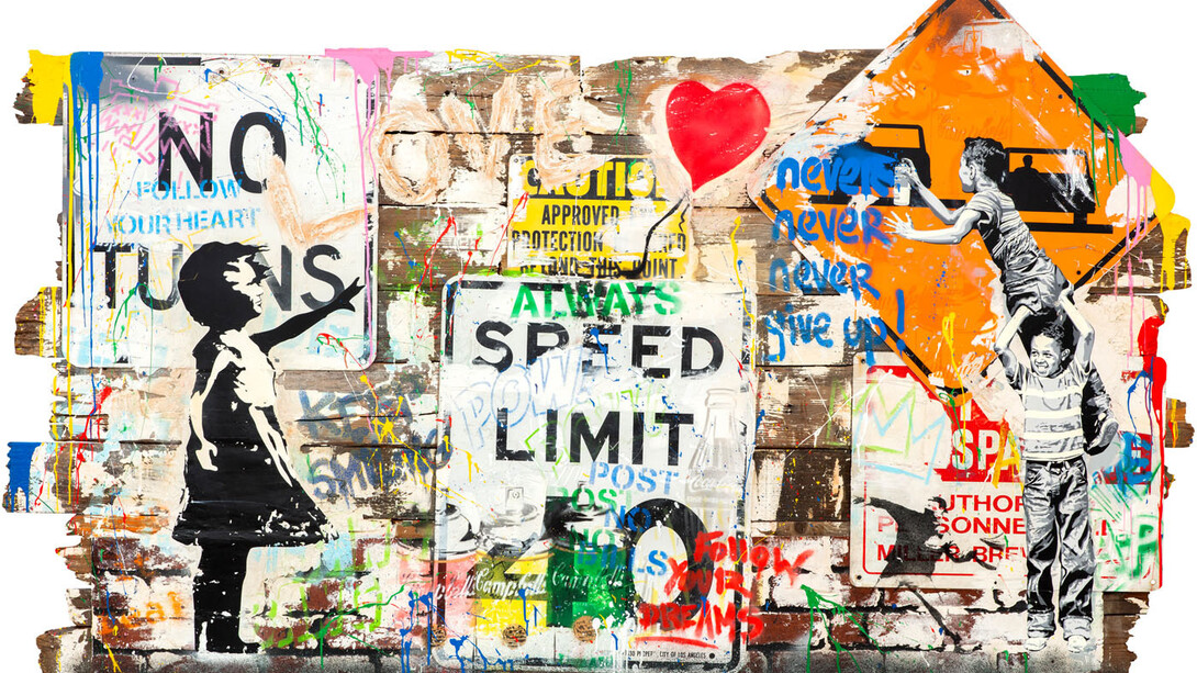 Mr. Brainwash (b. 1966) Pop Wall, 2023, Silkscreen and Mixed Media on Street Sign, Wood, and Brick Panel 54.75 x 90.50 in